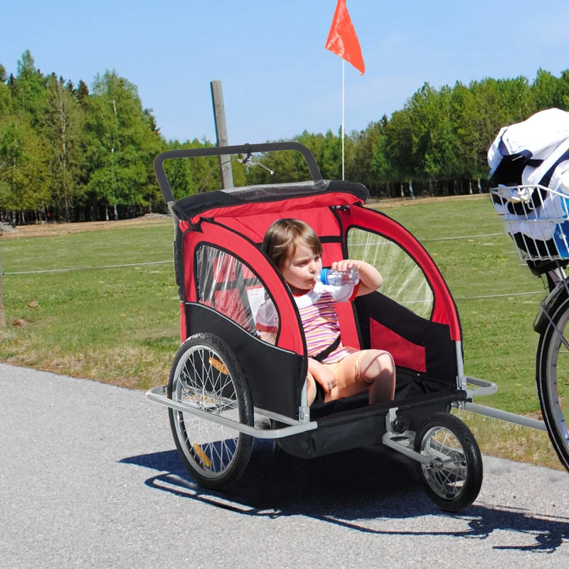 Red 2-Seater Collapsible Bike Trailer & Child Stroller with Pivot Wheel