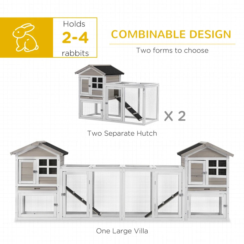 Grey 2-in-1 Outdoor Rabbit Hutch with Run & No-Leak Tray - 259 x 64 x 92cm