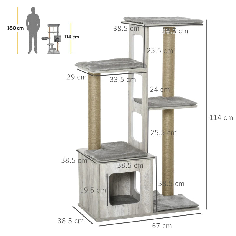 Grey Cat Tree Tower with Scratching Posts and Perches