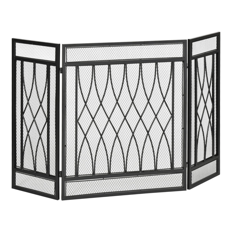 Black Metal Mesh Fireplace Screen - 3-Panel, 126 x 3 x 80 cm