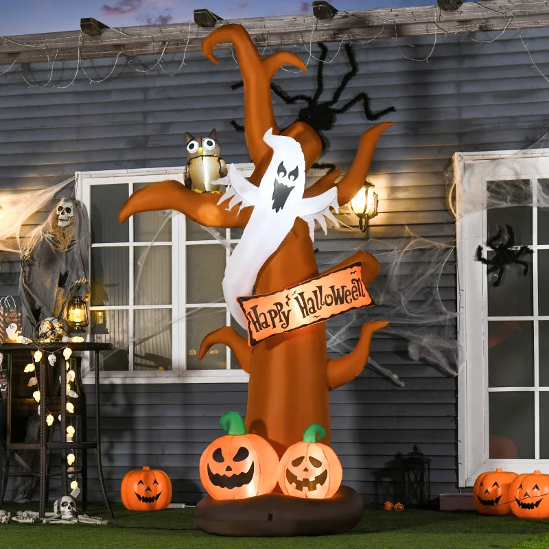 Spooky Halloween Inflatable Dead Tree with Ghost, Pumpkin, Owl & LED Lights