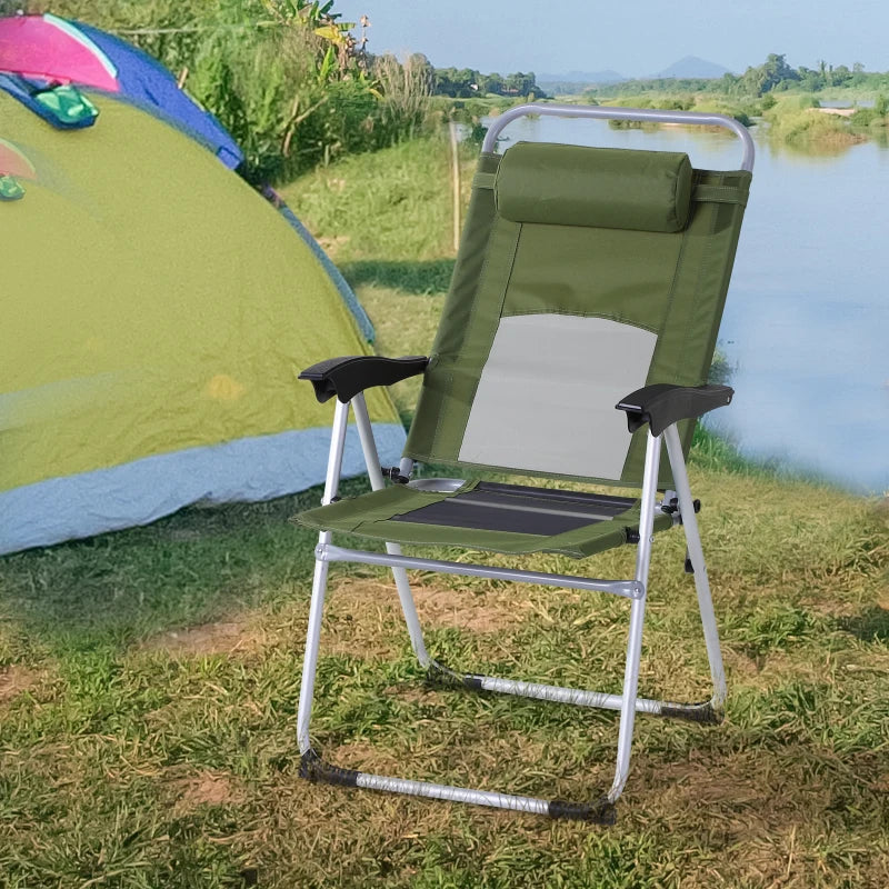 Green Folding Camping Chair with Adjustable Recliner Seat and Pillow