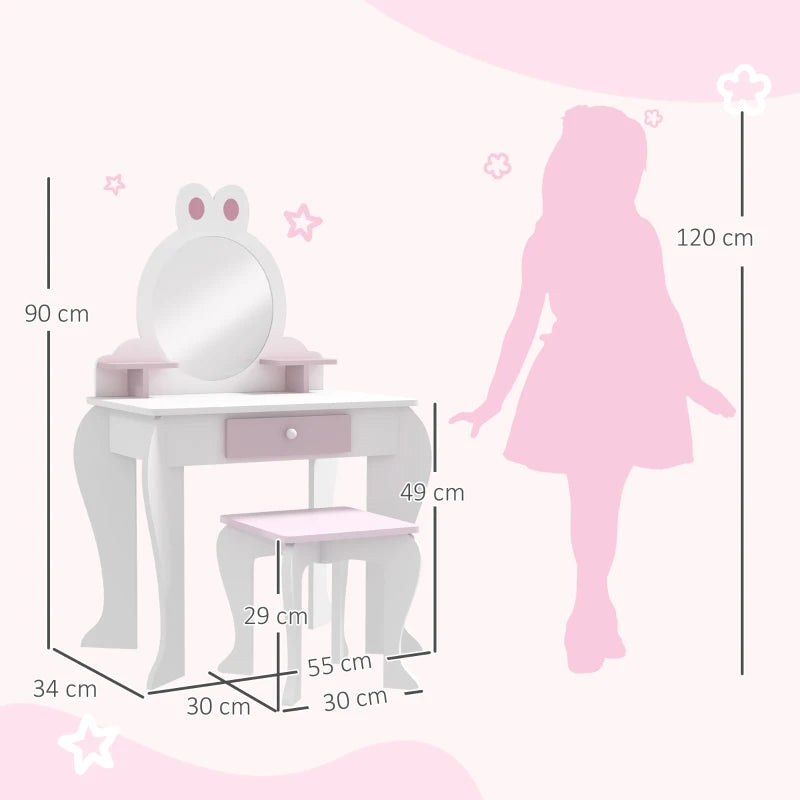 White and Pink Bunny Kids Dressing Table Set with Mirror and Stool