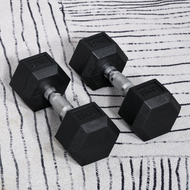 8kg Hex Dumbbell Set - Black Rubber Coated Weights for Home Gym