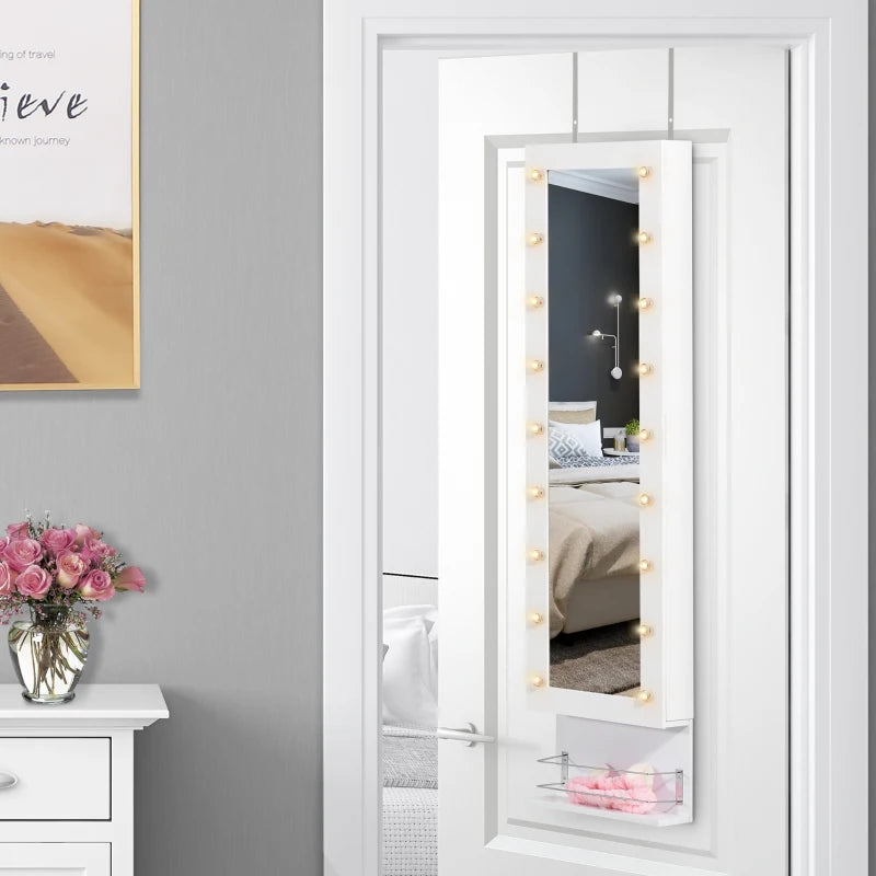 White Wall-Mounted Jewellery Cabinet with Lights and Brush Holder