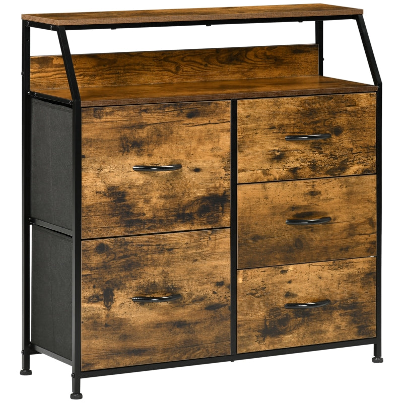 Rustic Brown 5-Drawer Fabric Dresser with Open Shelf