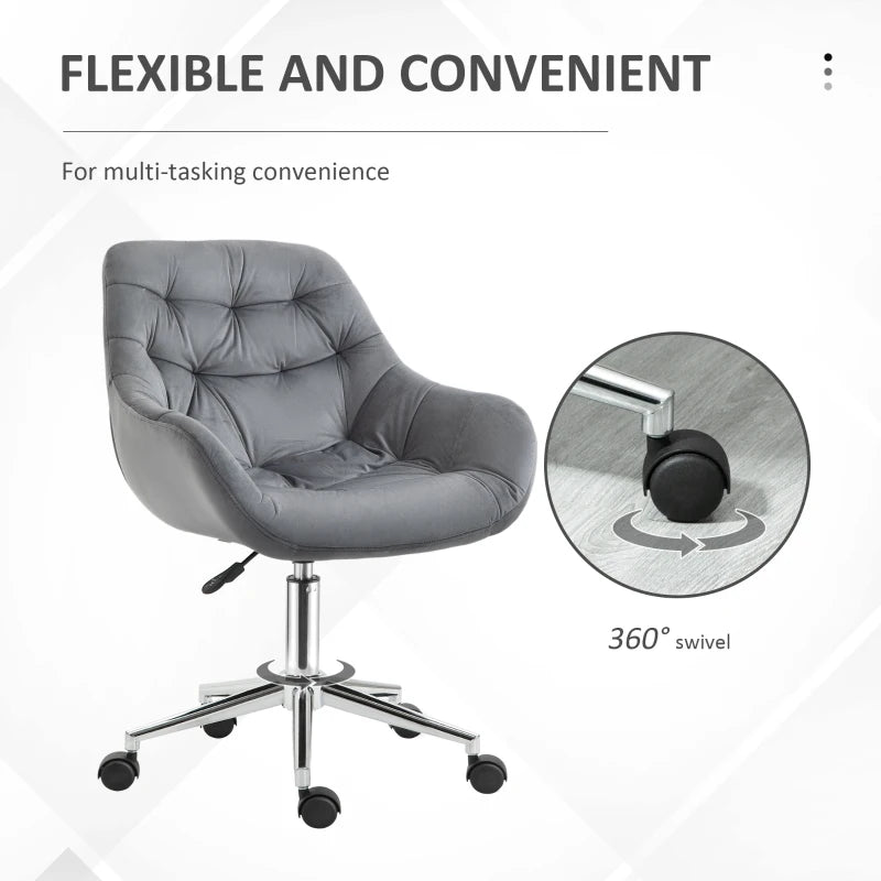 Dark Grey Velvet Swivel Desk Chair with Adjustable Ergonomic Support