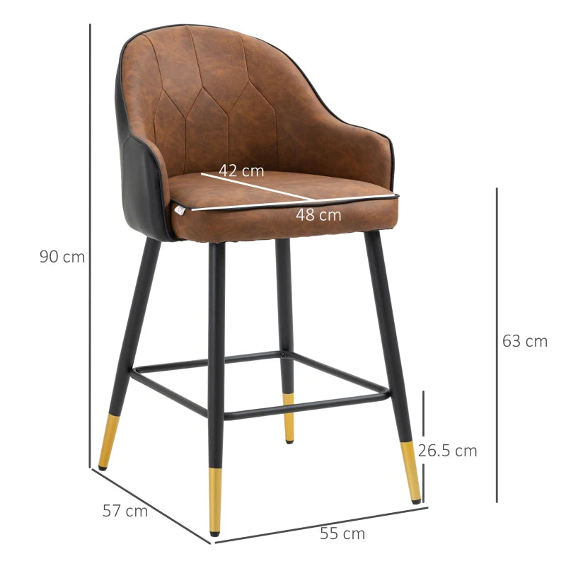 Brown Upholstered Leather Bar Stools Set of 2 with Tufted Back