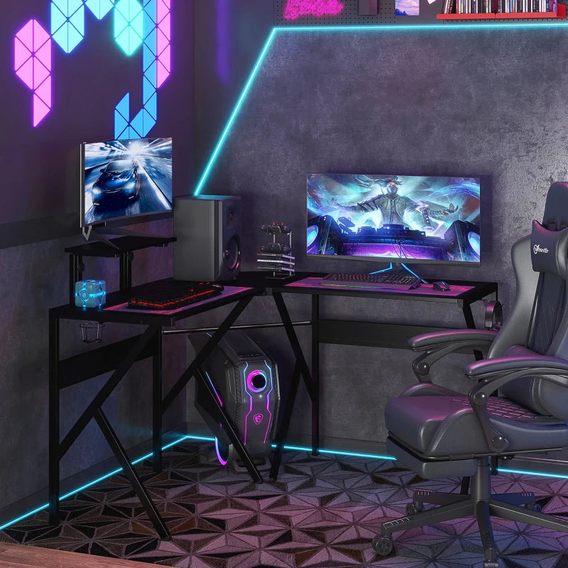 Black L-Shaped Gaming Desk with Monitor Stand and Cup Holder