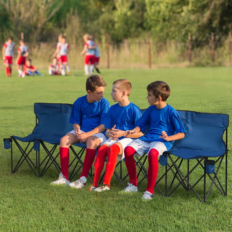 Blue 6-Seater Folding Outdoor Bench with Steel Frame and Cup Holder