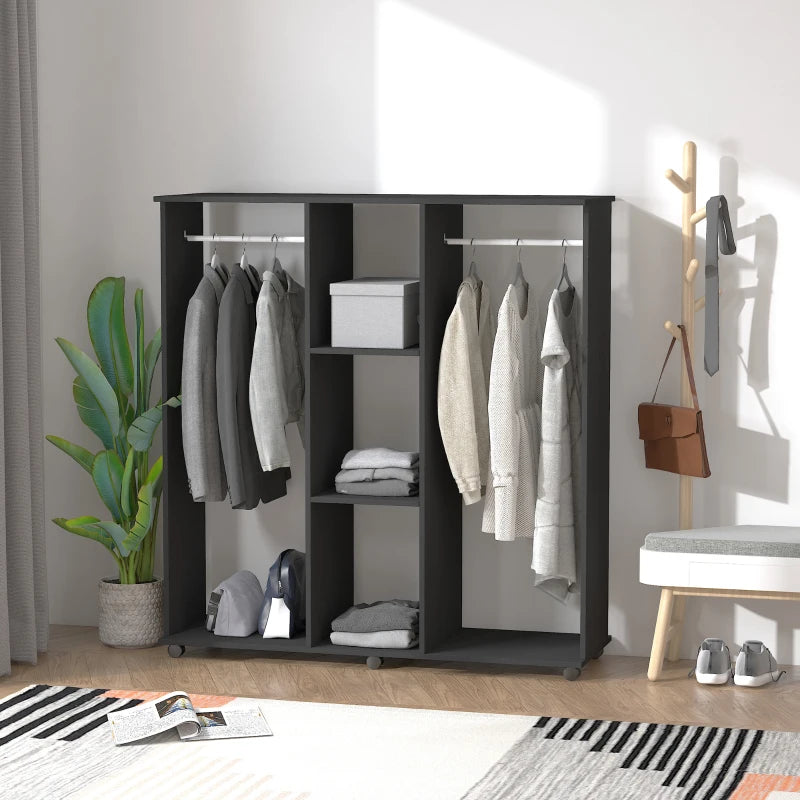 Black Double Open Wardrobe with Hanging Rails and Shelves
