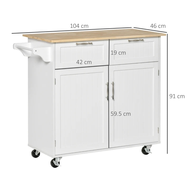 White Modern Kitchen Island Cart with Rubberwood Top and Drawers