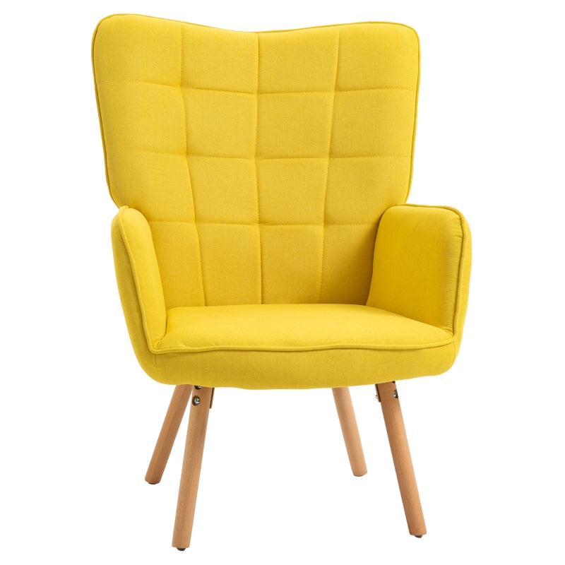 Yellow Velvet Tufted Wingback Armchair with Wood Legs