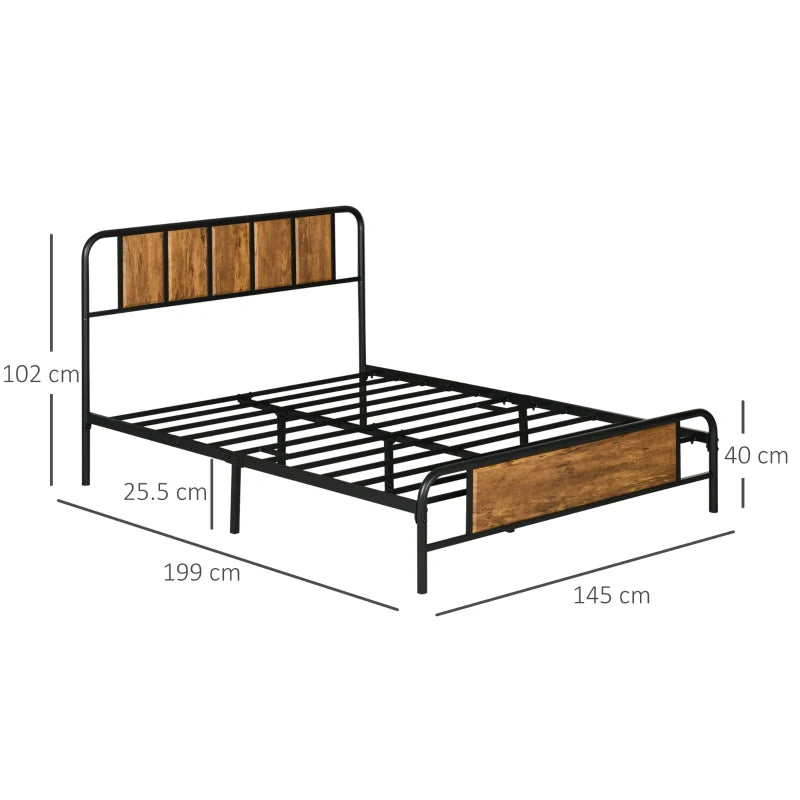Rustic Brown Double Bed Frame with Industrial Wood Headboard and Underbed Storage