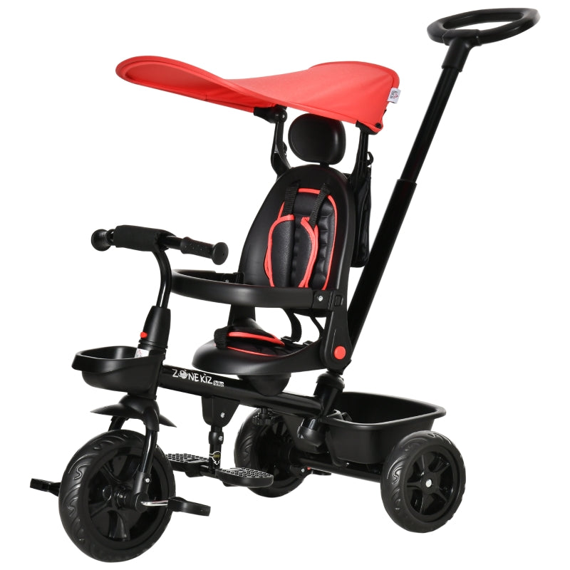 Red 4-in-1 Kids Tricycle with Adjustable Seat and Canopy