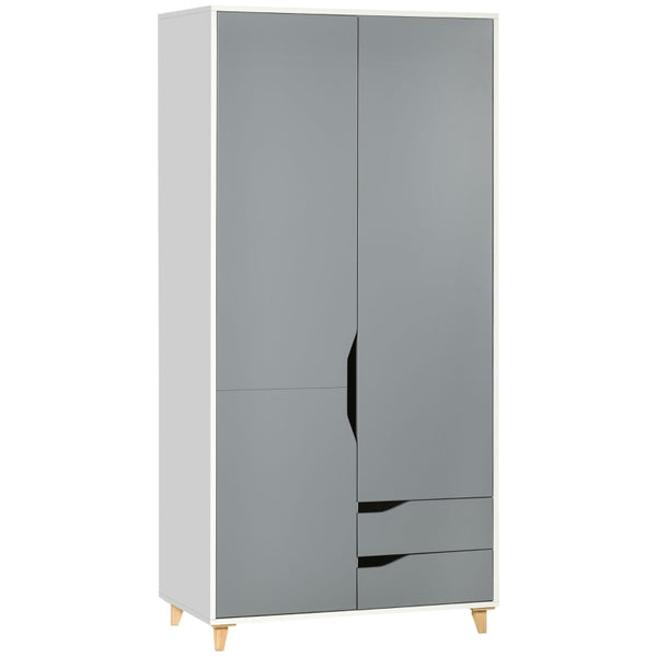 Grey Wardrobe with 2 Doors, 2 Drawers, Hanging Rail, Shelves - Bedroom Clothes Storage 89x50x185cm