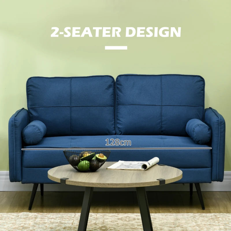 Blue Upholstered 2 Seater Loveseat Sofa with Back Cushions and Pillows