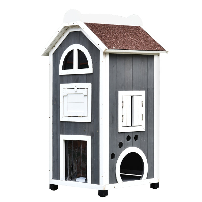 Grey & White Weatherproof Wooden Cat House with 2 Floors