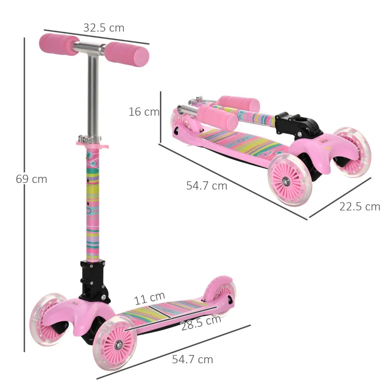 Foldable Pink Kids 3-Wheel Scooter with LED Flashing Wheels