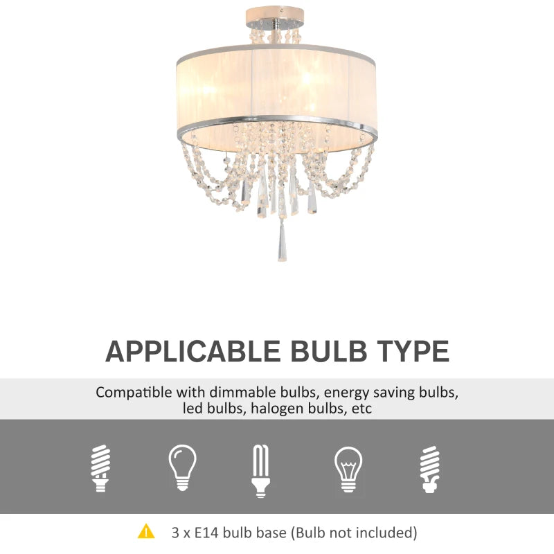 White Fabric Chandelier with Crystal Pendants for Home Decor