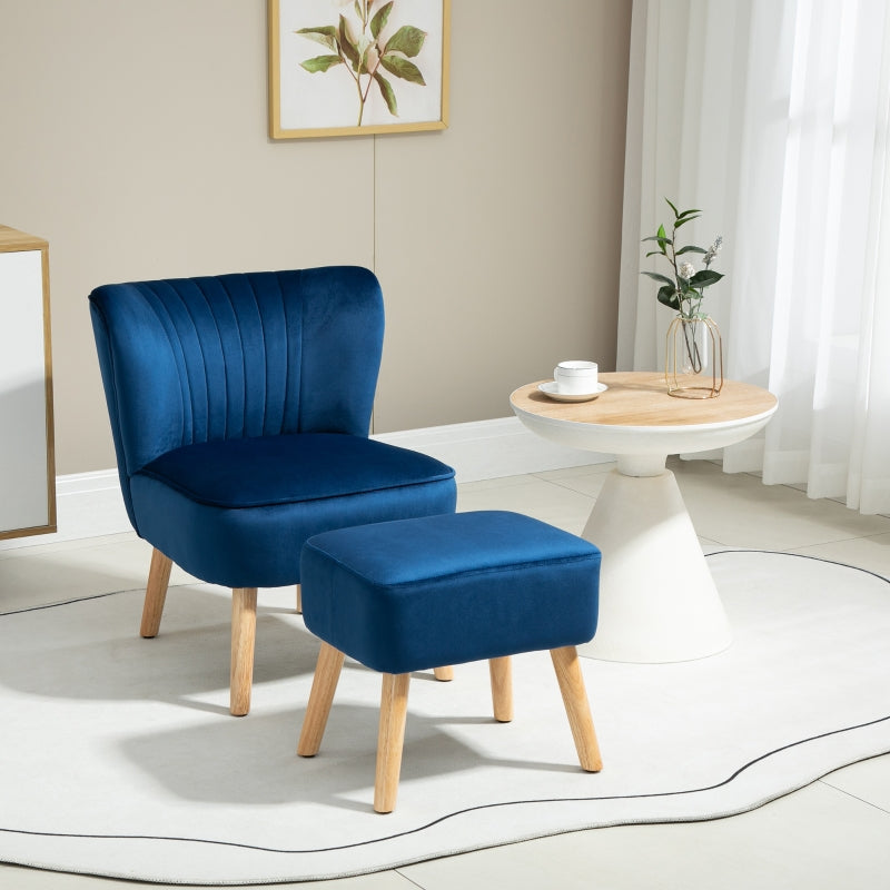 Dark Blue Velvet Accent Chair with Ottoman - Curved Back Tub Seat