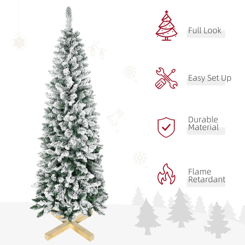 6 Ft Snow Flocked Green Christmas Pencil Tree, Realistic Branches, Auto Open