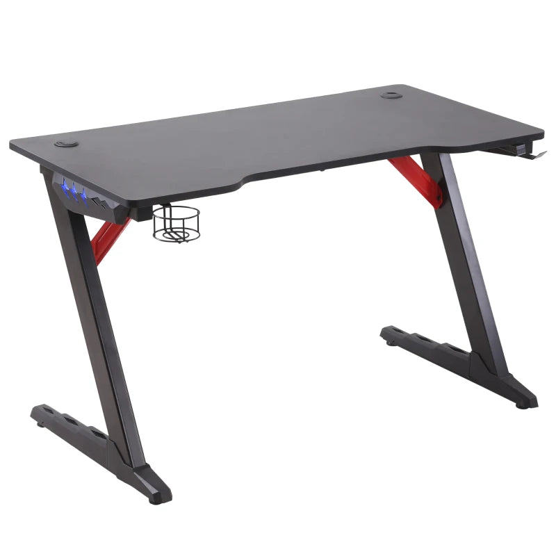 Black LED Gaming Desk with Z-Shaped Design and Storage Features