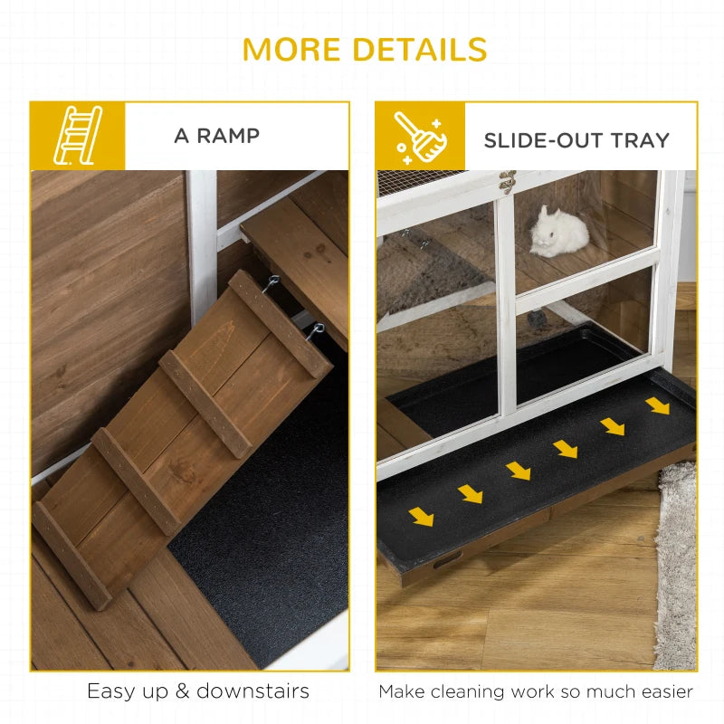 Brown Wooden Rabbit Hutch with Tray, Ramp, Roof, Wheels - 91.5 x 53.3 x 73cm