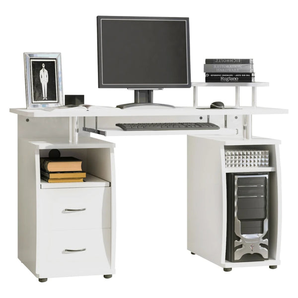 White Computer Desk with Keyboard Tray and Drawers