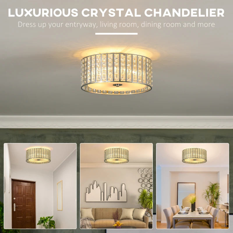 Modern Crystal Chandelier Ceiling Light, Double Layer Lampshade, Round Pendant - Silver, 4 G9 Bulbs, 35cm