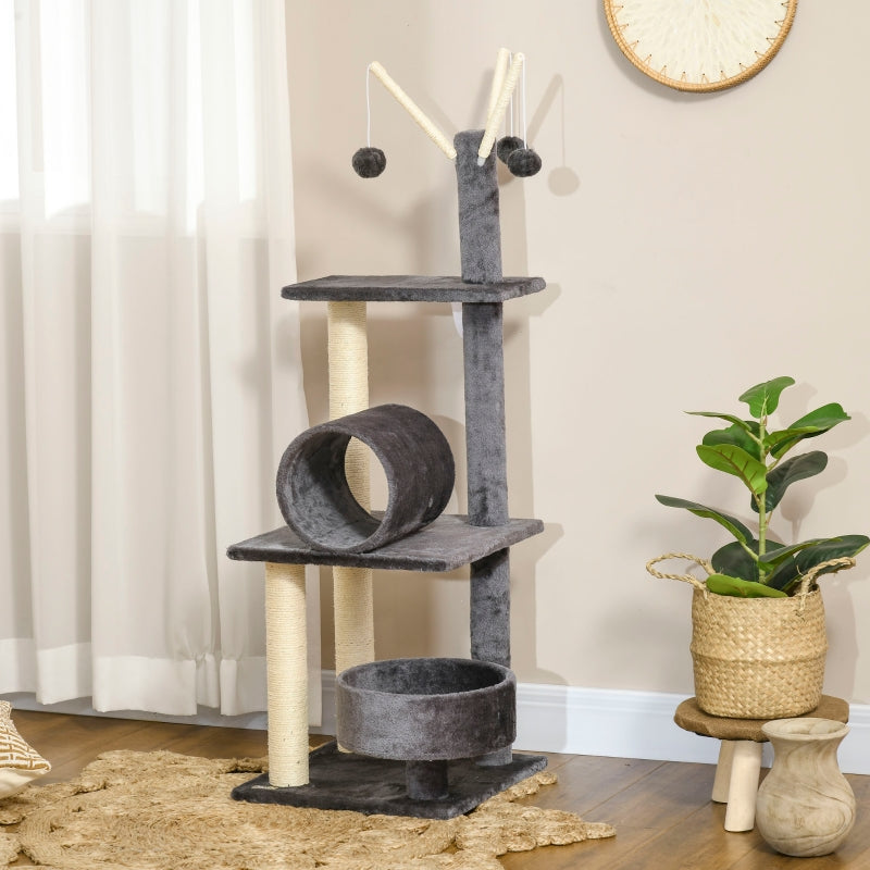 Grey Cat Tree Tower with Scratching Post and Interactive Toys