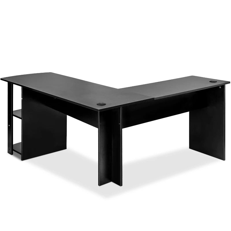 Black L-Shaped Corner Desk with Storage Shelves, Home Office Gaming Desk, 140x140x75 cm