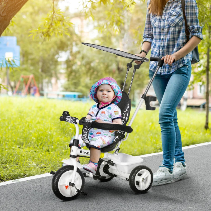 White 6-in-1 Kids Tricycle with 5-Point Harness & Canopy