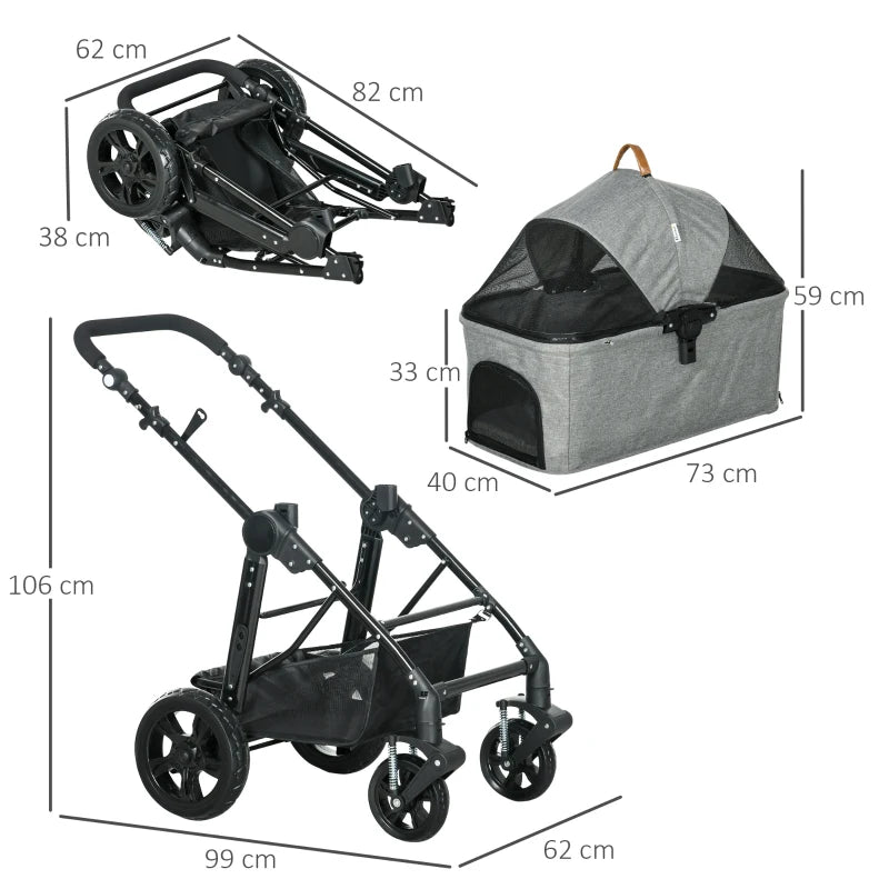 Grey Pet Stroller for Small Dogs and Cats with Detachable Carrier Bag