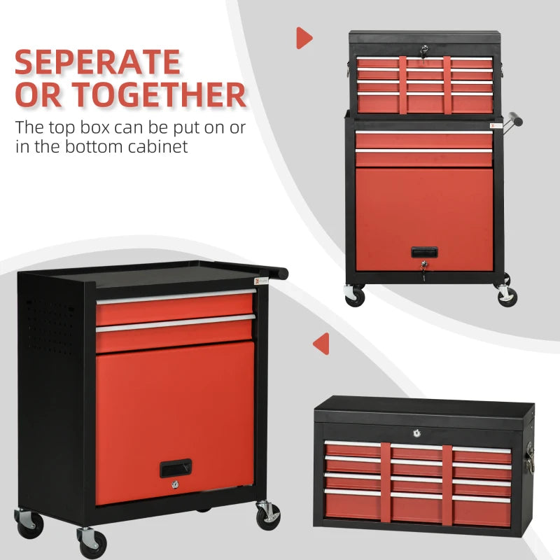 6-Drawer Black and Red Tool Cart with Wheels and Lockable Cabinet