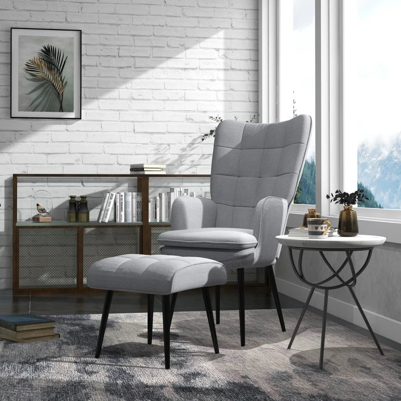 Light Grey Linen Armchair Set with Footstool for Living Room and Bedroom