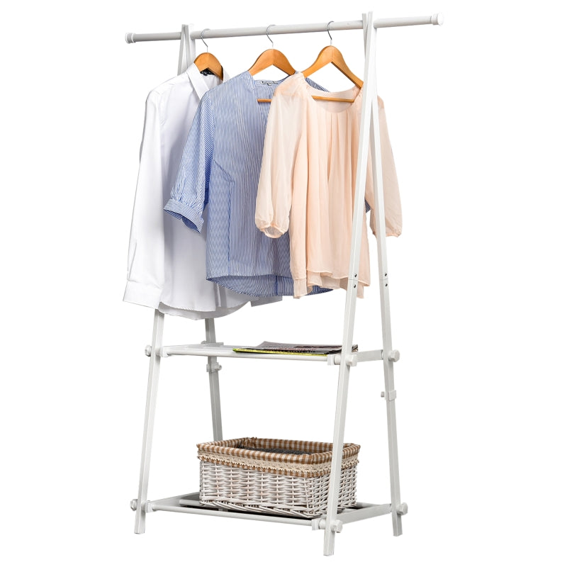 White Foldable Clothes Rack with 2 Shelves - Adjustable Hallway Furniture