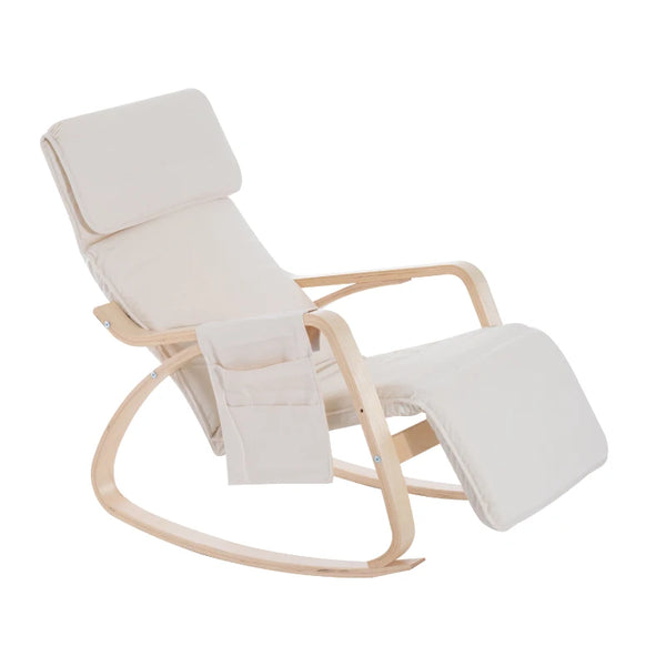 Adjustable Rocking Lounge Chair with Footrest and Pocket - Cream White
