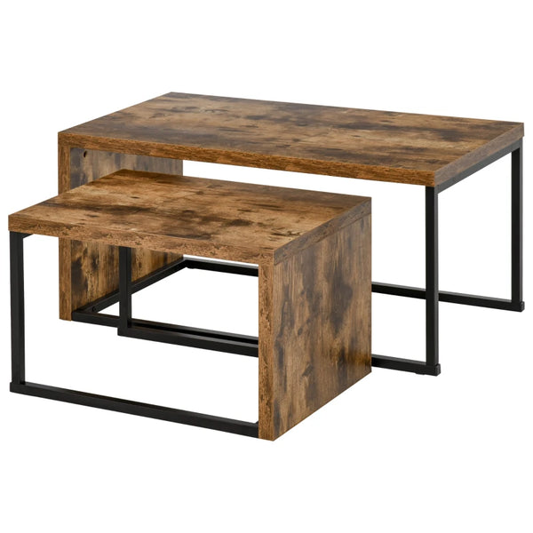 Black & Brown Metal Frame Nesting Side Tables Set for Living Room