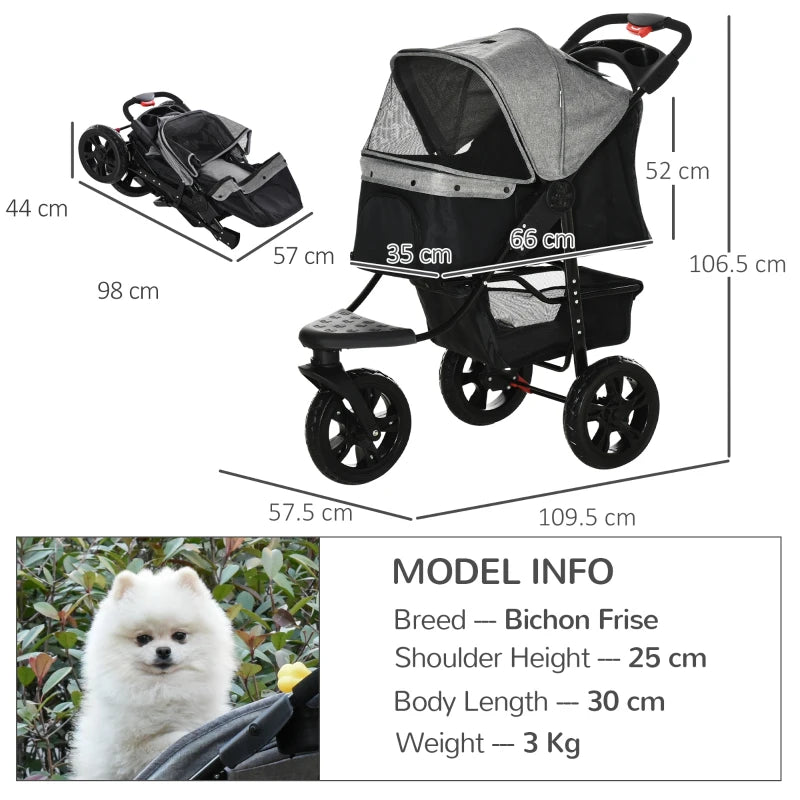 Grey Pet Stroller with Canopy & Storage for Small Pets