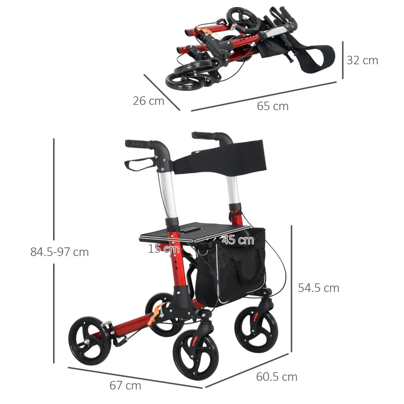 Red Folding Rollator Walker with Seat and Storage Bag