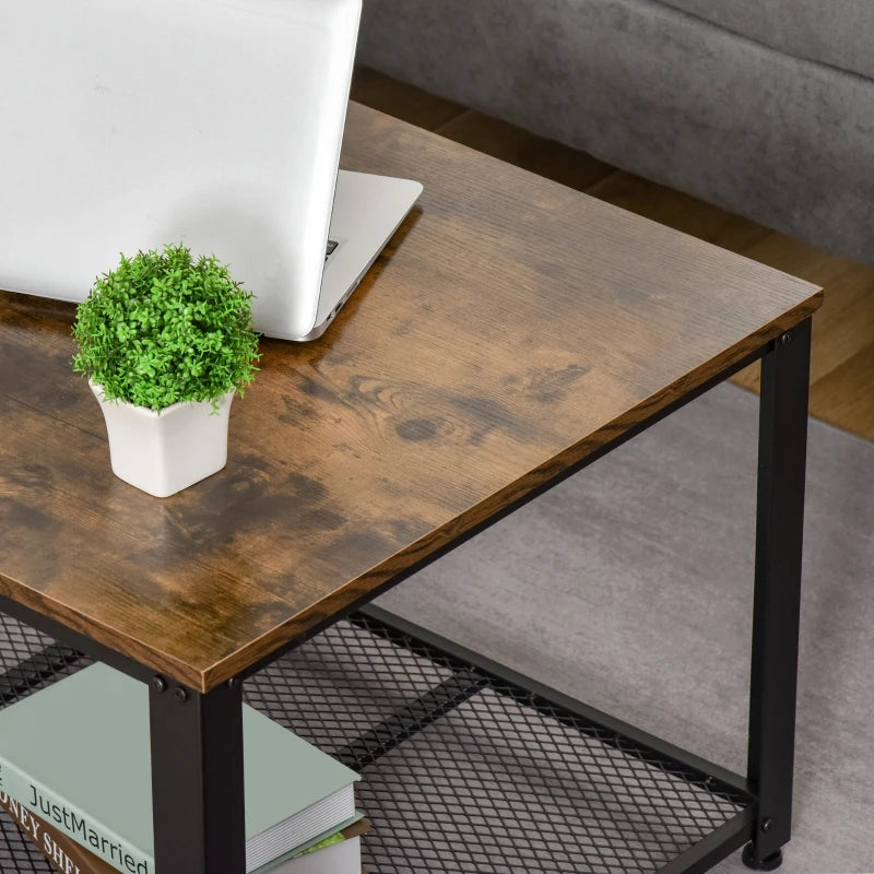 Rustic Brown Industrial Coffee Table with Mesh Shelf