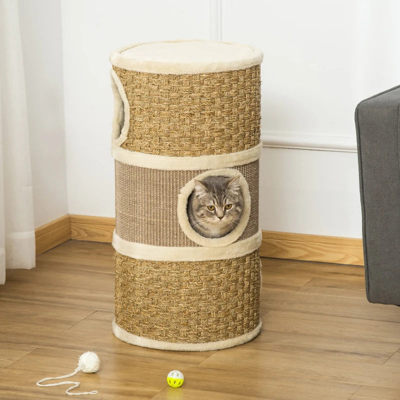 Cat Scratching Tower with Sisal Rope and Plush Platform - Grey