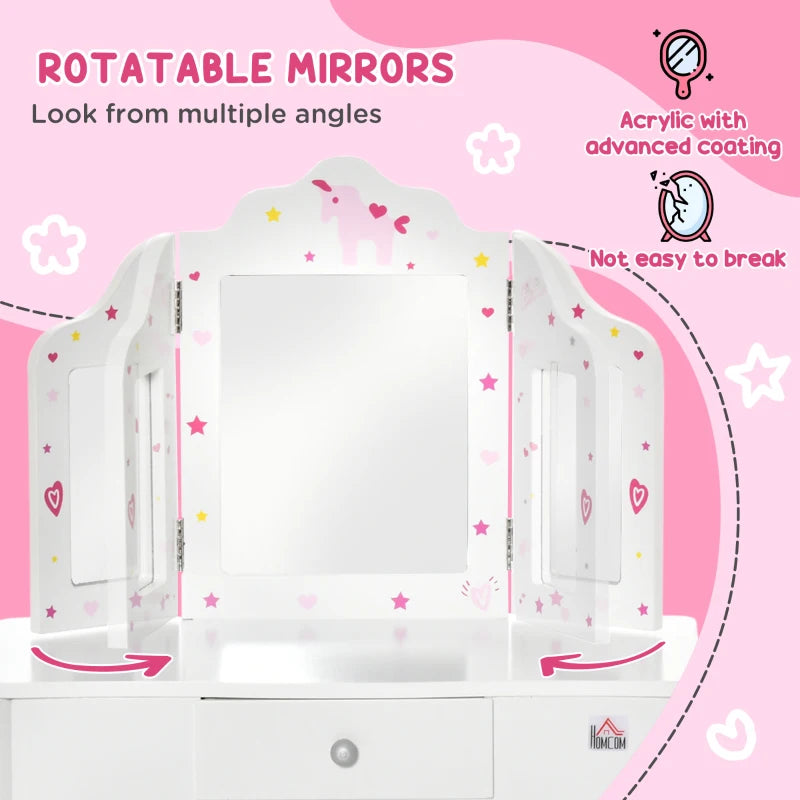 Kids White Vanity Table & Stool Set with Rotatable Mirrors - Star & Heart Pattern