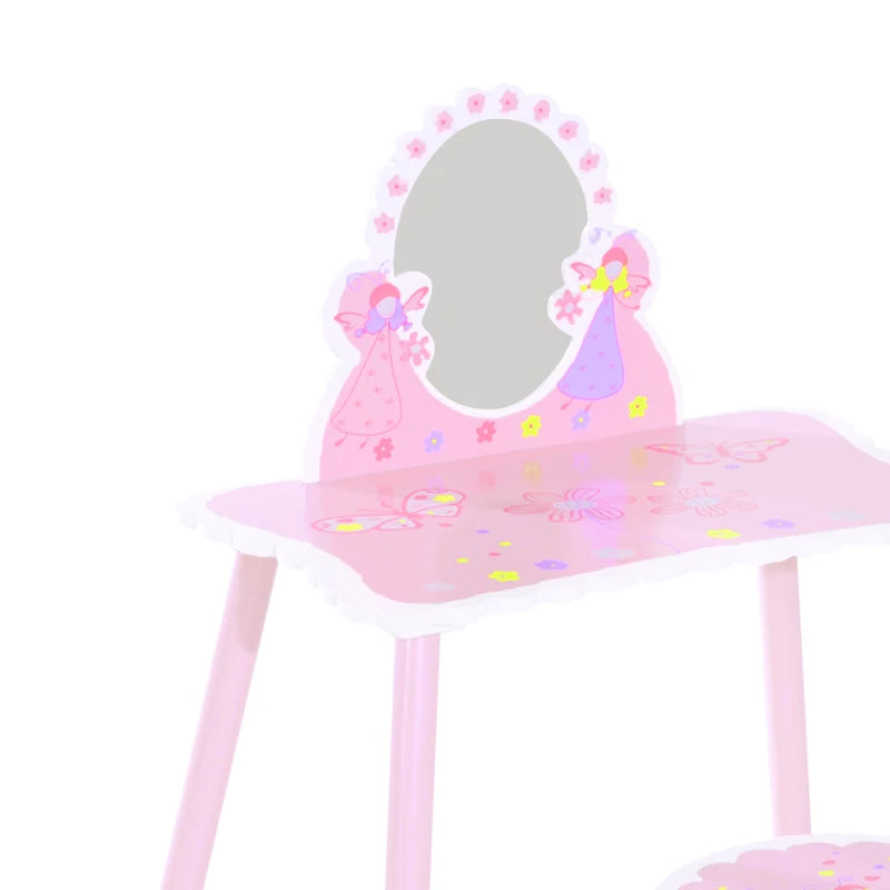 Kids Pink Wooden Dressing Table Set with Mirror & Stool