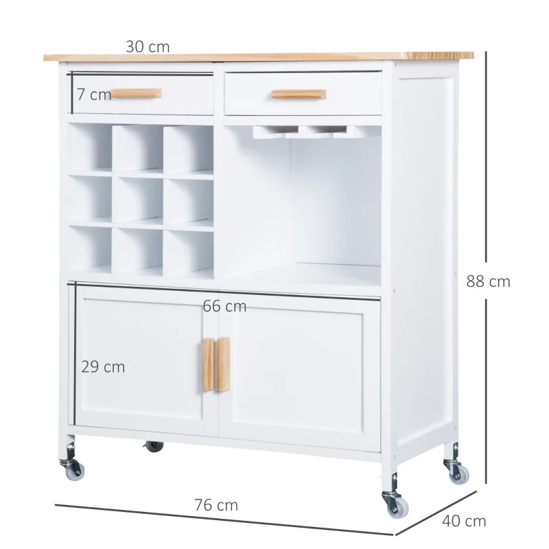 Rolling Kitchen Cart Sideboard Island - White Portable Storage Cabinet with Wine Racks