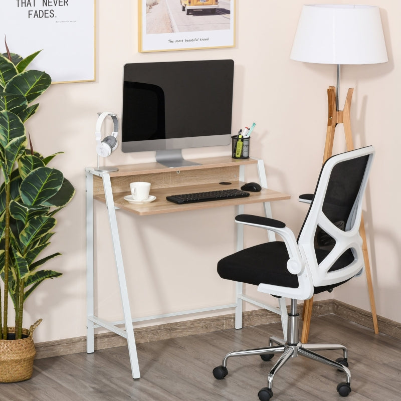 White and Oak Home Office Writing Desk with Storage Shelf