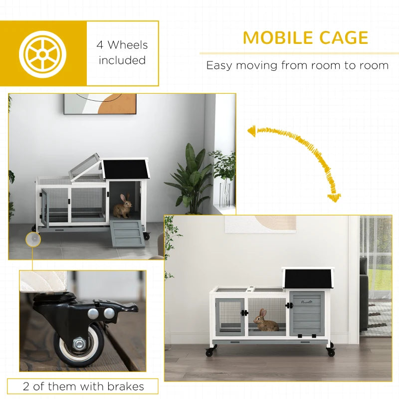 Grey Wooden Rabbit Hutch with Removable Tray and Wheels