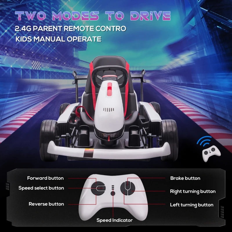 Electric Kids Go Kart - White, Adjustable Footrest, Reversing Steering, 12V Battery, 2 Speeds, Remote Control