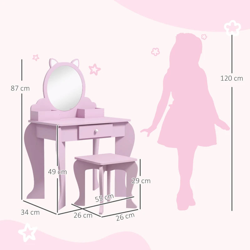 Kids Pink Cat Vanity Set with Mirror, Stool, Drawer & Storage - Ages 3-6